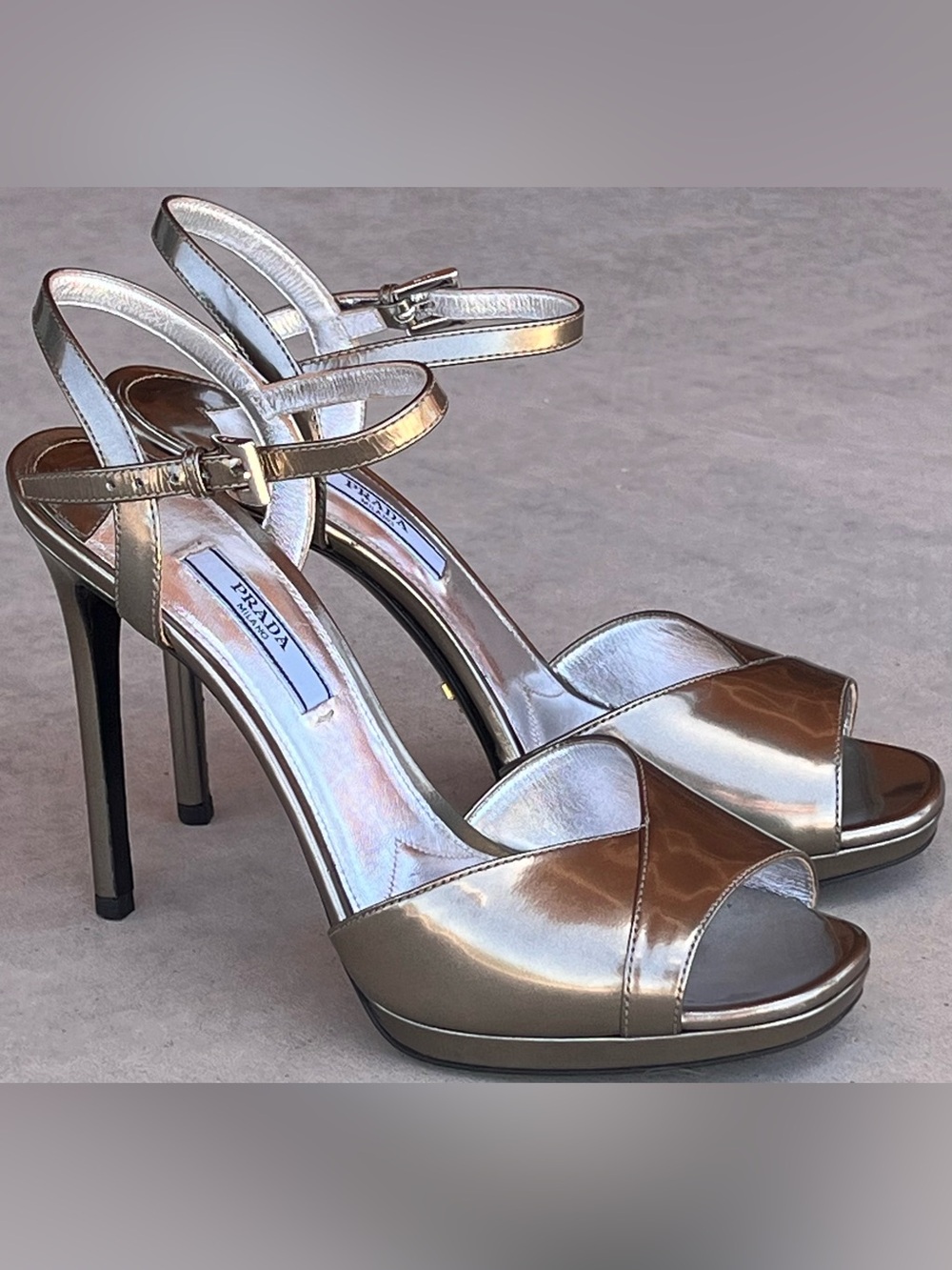 Prada Metallic Pewter Leather Platform Sandals Ankle Strap Stiletto Heels EU 38